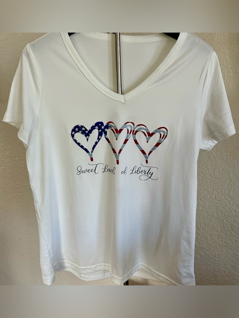 Patriotic Heart V-Neck T-Shirt Sweet Land of Liberty Soft Stretch Tee S-L